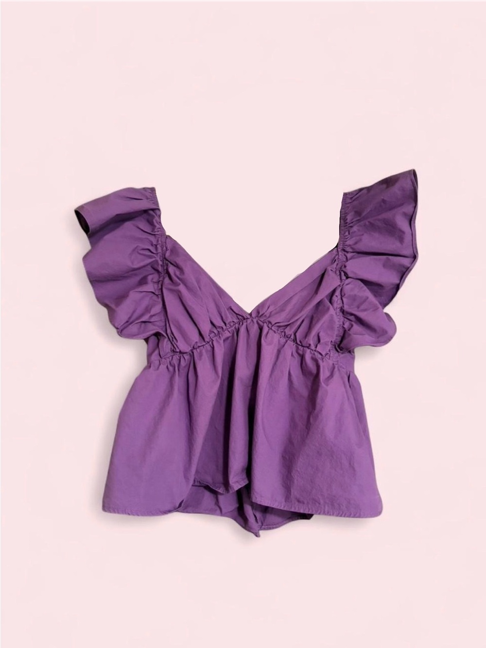 purple ruffled tie-back blouse